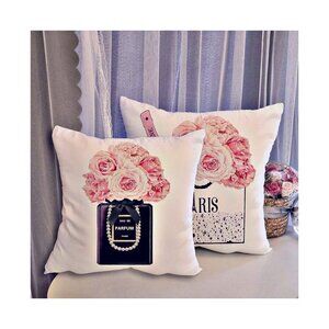 Pink Flowers Throw Pillow Covers Fashion Perfume Set of 2 NEW
